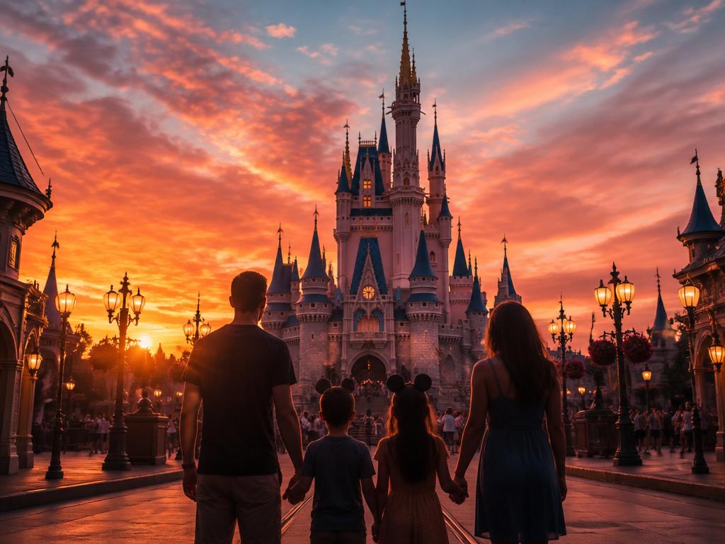 Castelo da Disney ao pôr do sol com uma família em primeiro plano