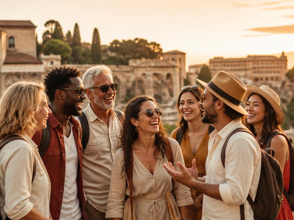 Grupo diverso de viajantes sorrindo juntos em um destino histórico