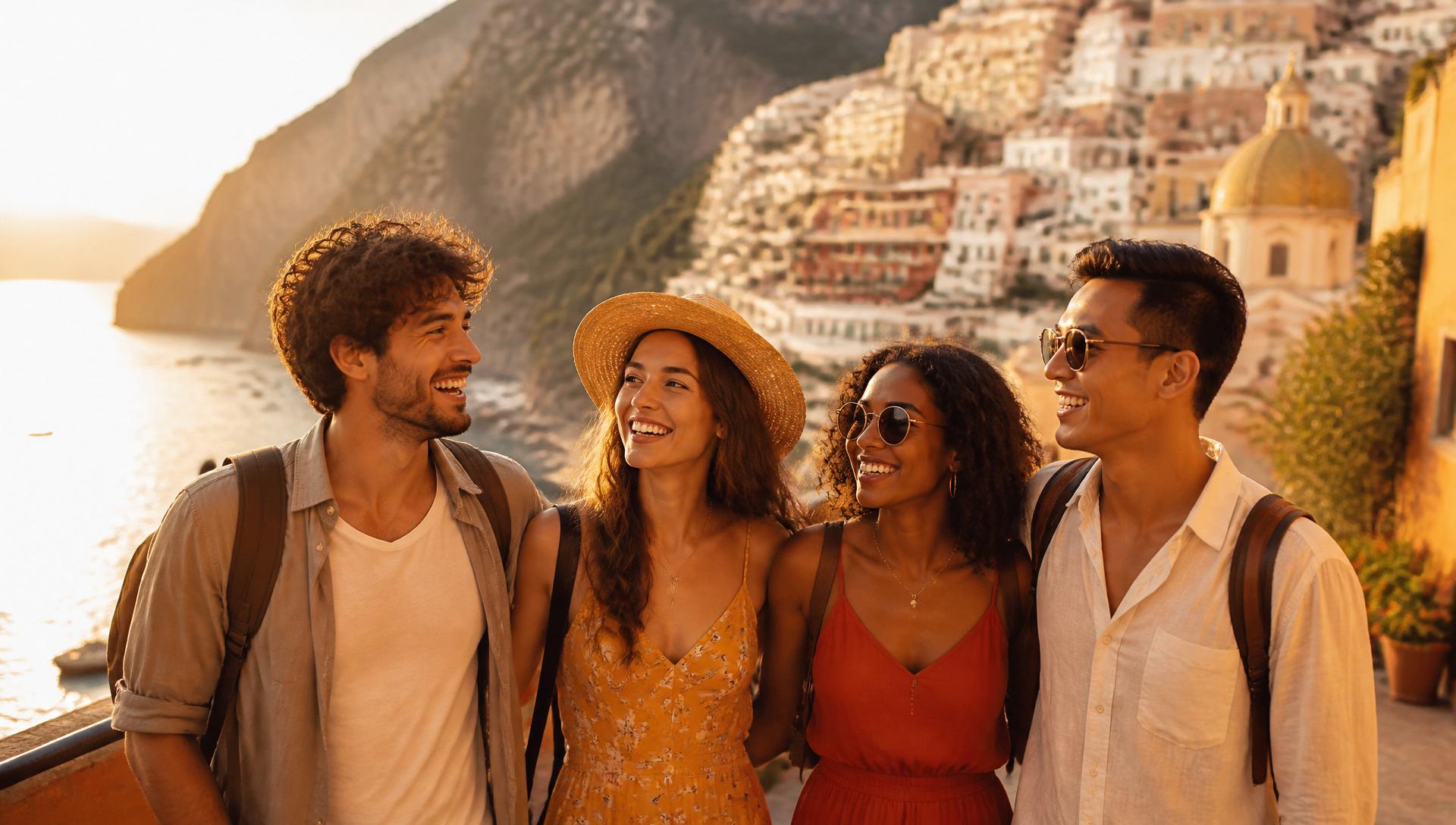 Grupo de viajantes felizes em um destino internacional ao pôr do sol