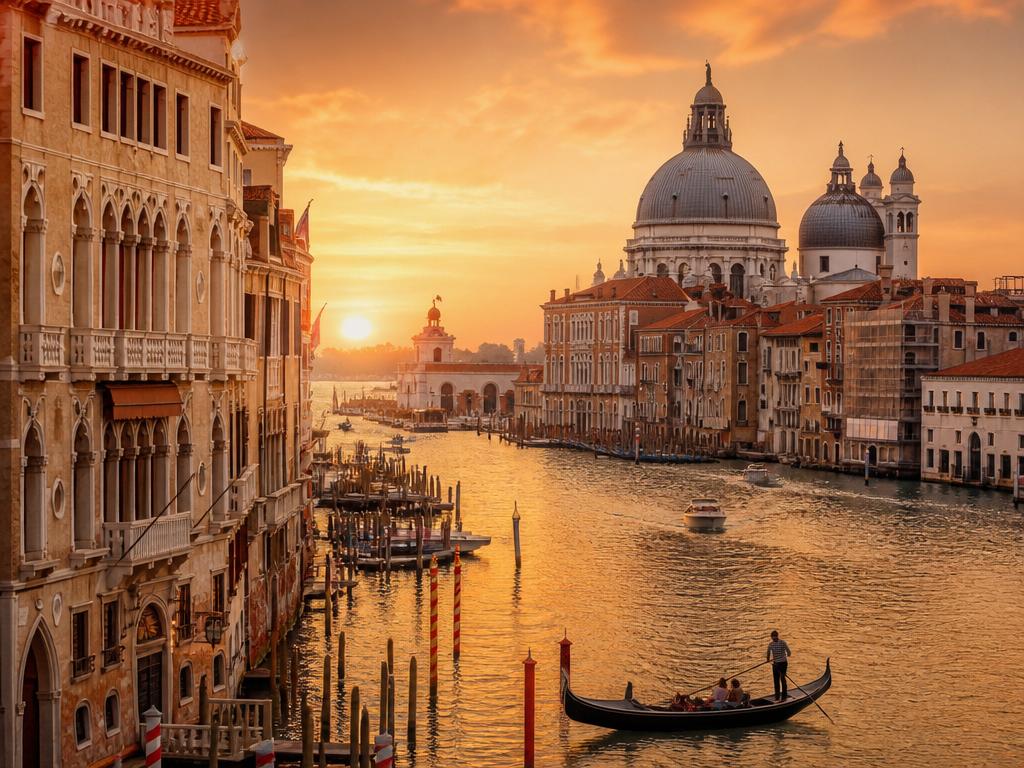 Canal de Veneza ao pôr do sol com gôndola e basílica ao fundo